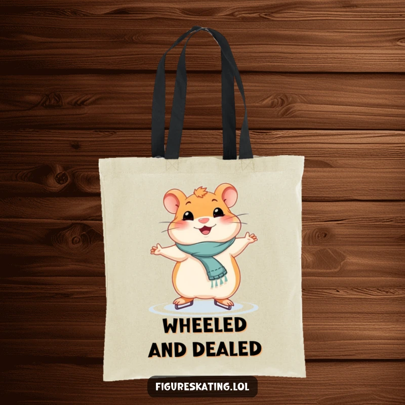 Funny smiling hamster in a graceful ice skating pose on a reusable tote bag, a charming accessory.